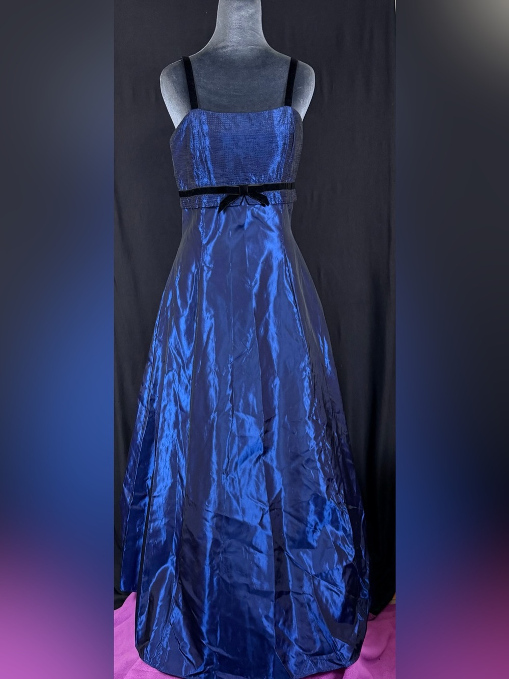 JM Gunne Sax Shimmery Royal Blue Gown with Velvet Bow A-Line Skirt zip up 90’s